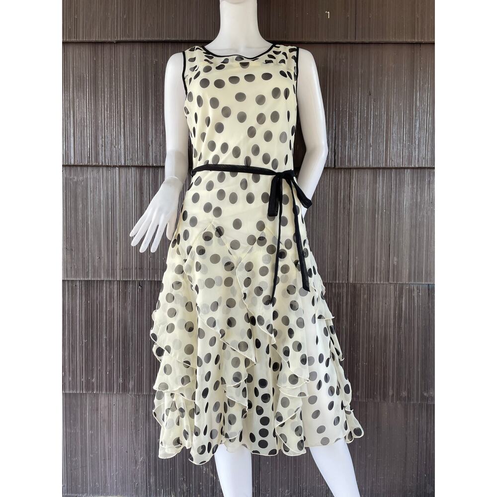 🔥Dressbarn Polkadot Ruffled Playful Tiered White Black Dress Fairy Whimsical 40s